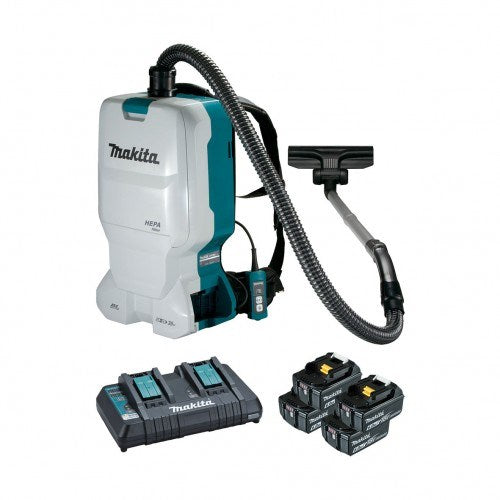 Makita 18Vx2 BRUSHLESS Backpack Vacuum Kit, 6L Tank Capacity - Includes 4 x 6.0Ah Batteries, Dual Port Rapid Charger