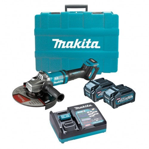 Makita 40V Max BRUSHLESS 230mm (9") Angle Grinder Kit - Includes 2 x 4.0Ah Batteries, Single Port Rapid Charger & Plastic Case