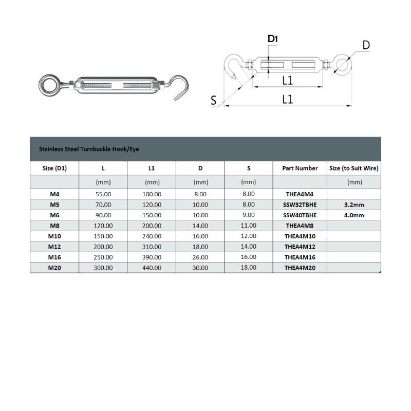 Stanless Steel Turnbuckle Hookeye/Buckle  M5 A4 316 - Toolup Australia