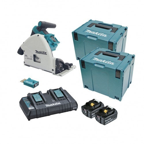 Makita 18Vx2 BRUSHLESS AWS 165mm Plunge Saw Kit - Includes 2 x 5.0Ah Batteries, Dual Port Rapid Charger & 2 x MakPac Case - Toolup Australia