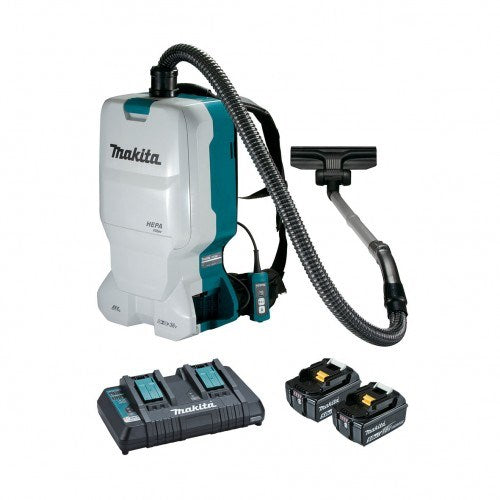 Makita 18Vx2 BRUSHLESS Backpack Vacuum Kit, 6L Tank Capacity - Includes 2 x 5.0Ah Batteries, Dual Port Rapid Charger - Toolup Australia