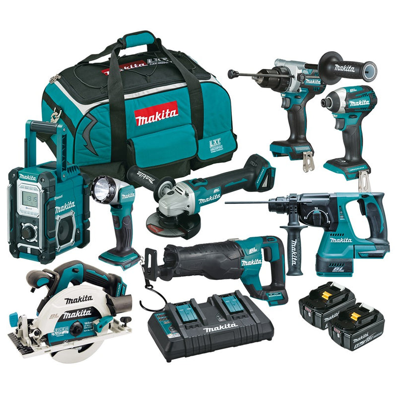 Makita 8 Piece BRUSHLESS Combo Kit - DHP486Z, DTD154Z, DGA504Z, DHS680Z, DHR242Z, DJR187Z, DMR108N, DML8022 x BL1850B, DC18RD & Carry Bag - Toolup Australia