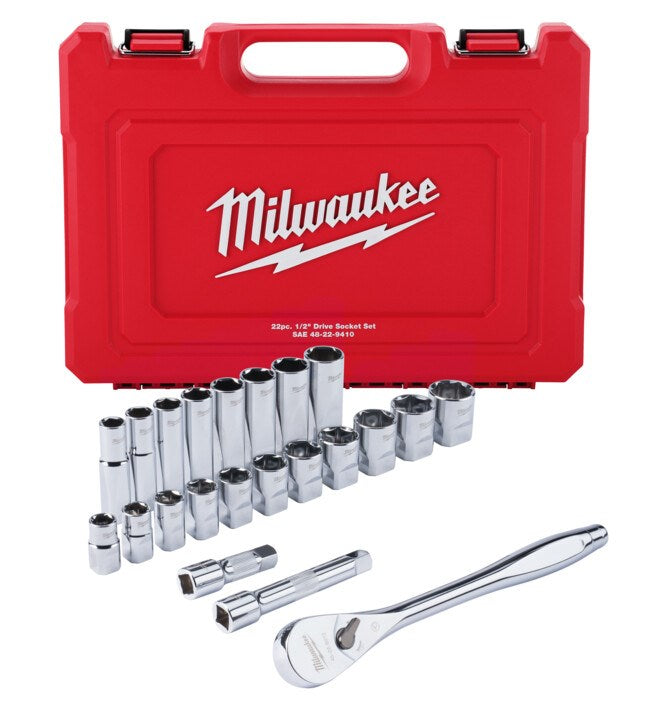 Milwaukee 1/2" Drive 22pc Ratchet & Socket Set SAE - Toolup Australia