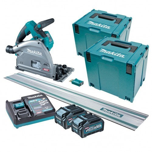 Makita 40V Max BRUSHLESS AWS 165mm (6-1/2") Plunge Cut Circular Saw - Includes 2x 4.0Ah Batteries & Rapid Charger, 2x Makpac Case & 1400m Guide Rail *AWS Receiver included