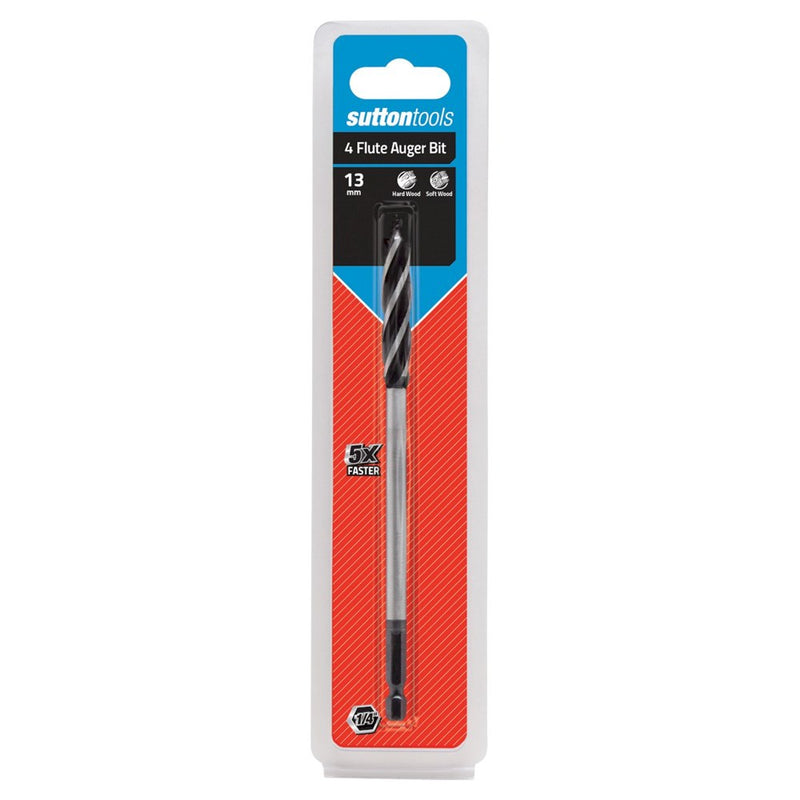 SUTTON 13.0mm x 165mm AUGER BIT 4-FLUTE 1/4? HEX SHANK - Toolup Australia