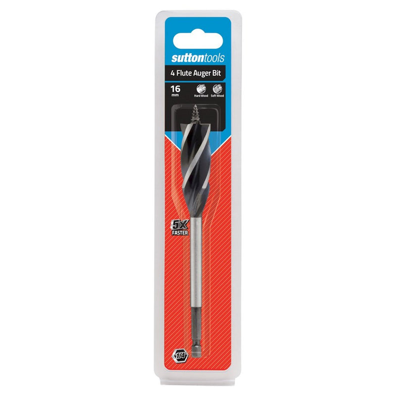 SUTTON 16.0mm x 165mm AUGER BIT 4-FLUTE 1/4? HEX SHANK - Toolup Australia