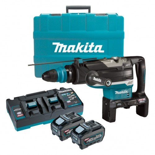 Makita 80V Max (40Vx2) BRUSHLESS 52mm SDS Max Rotary Hammer Kit - Includes 2 x 5.0Ah Battery, Dual Port Rapid Charger & Plastic Case HR006GT201