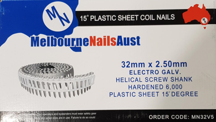 Melbourne Nails 15 DEGREE COIL NAILS 32MM X 2.5 HARDENED SCREW SHANK MNFAP32V5
