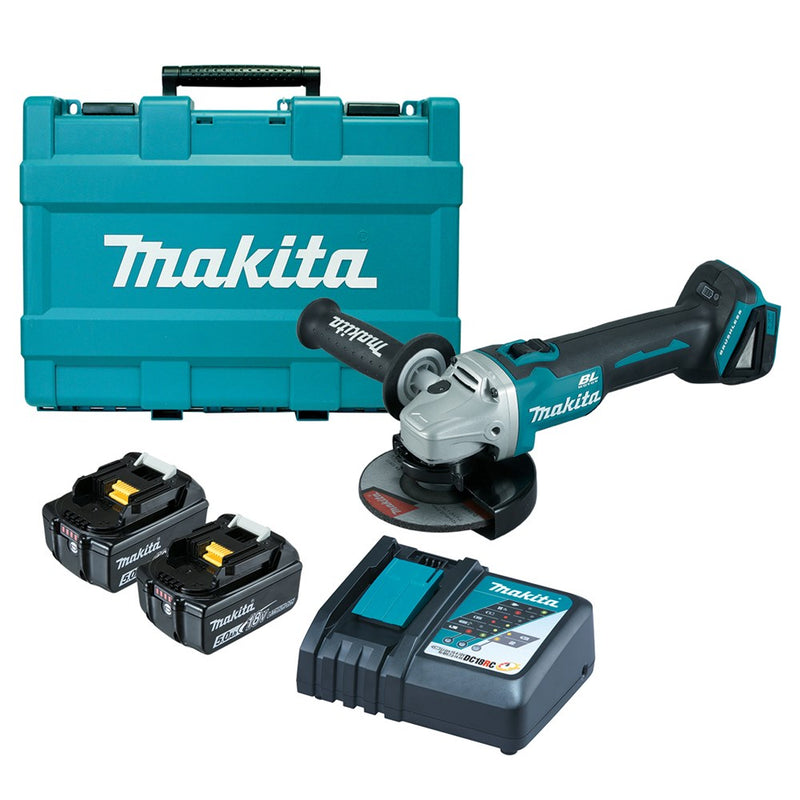 Makita 18V BRUSHLESS 125mm Slide Switch Angle Grinder Kit - Includes 2 x 5.0Ah Batteries, Rapid Charger & Carry Case DGA504RTE