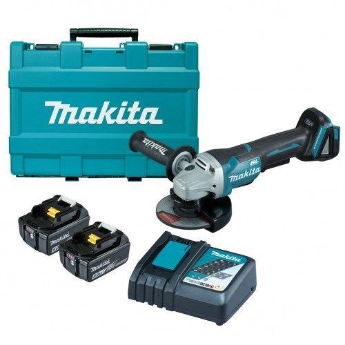 Makita 18V BRUSHLESS 125mm Paddle Switch Angle Grinder Kit - Includes 2 x 5.0Ah Batteries, Rapid Charger & Carry Case DGA505RTE