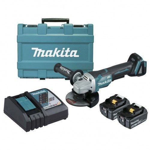 Makita 18V BRUSHLESS 125mm Paddle Switch Brake Angle Grinder Kit - Includes 2 x 5.0Ah Batteries, Rapid Charger & Carry Case DGA508RTE