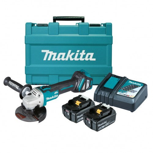 Makita 18V BRUSHLESS 125mm Variable Speed Slide Switch Angle Grinder Kit - Includes 2 x 5.0Ah Batteries, Rapid Charger & Carry Case DGA511RTE