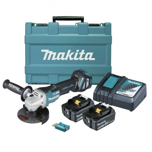 Makita 18V BRUSHLESS AWS 125mm Variable Speed Paddle Switch Brake Angle Grinder Kit - Includes 2 x 5.0Ah Batteries, Rapid Charger & Carry Case DGA518RTEU