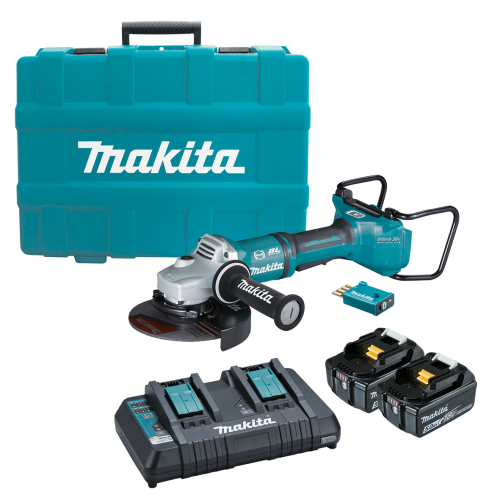 Makita 18Vx2 BRUSHLESS AWS 180mm Paddle Switch Angle Grinder Kit - Includes 2 x 5.0Ah Batteries, Dual Port Rapid Charger & Carry Case DGA701T2U1