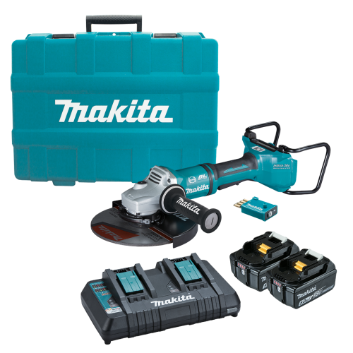 Makita 18Vx2 BRUSHLESS AWS 230mm Paddle Switch Angle Grinder Kit - Includes 2 x 5.0Ah Batteries, Dual Port Rapid Charger & Carry Case DGA901T2U1