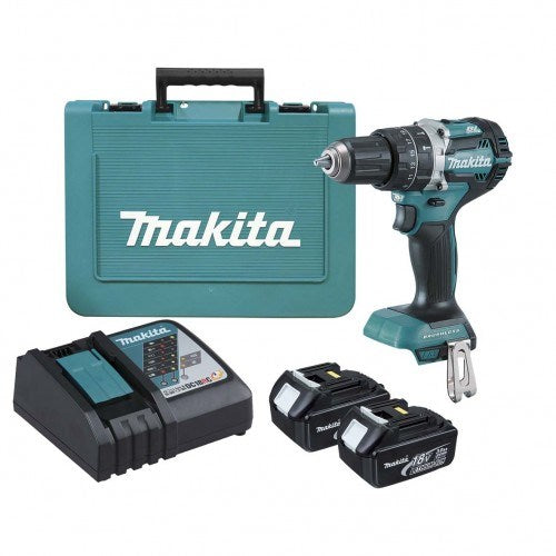 Makita 18V COMPACT BRUSHLESS Heavy Duty Hammer Driver Drill Kit - Includes 2 x 3.0Ah Batteries, Rapid Charger & Carry Case DHP484RFE