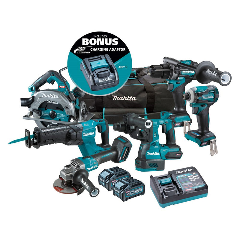 Makita 6 Piece BRUSHLESS Combo Kit - HP001G, TD001G, GA005G, JR001G, HR001G, HS003G, 2x BL4040, DC40RA & TOOL BAG (832367-6)BONUS: 18V LXT Battery Charging Adaptor (ADP10)