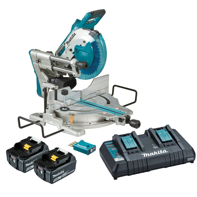 MAKITA BRUSHLESS 260MM SLIDE COMPOUND MITRE WITH AWS & 2 X 5.0AH BATTERIES DLS111PT2U