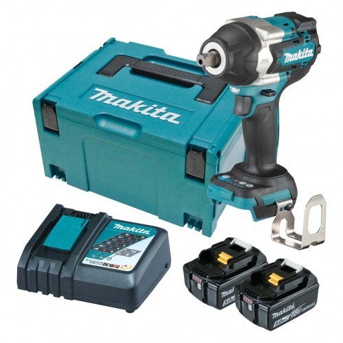 Makita 18V BRUSHLESS 1/2" Detent Pin Impact Wrench, 700Nm - Includes 2 x 5.0Ah Batteries, Rapid Charger & Makpac Case DTW701RTJ