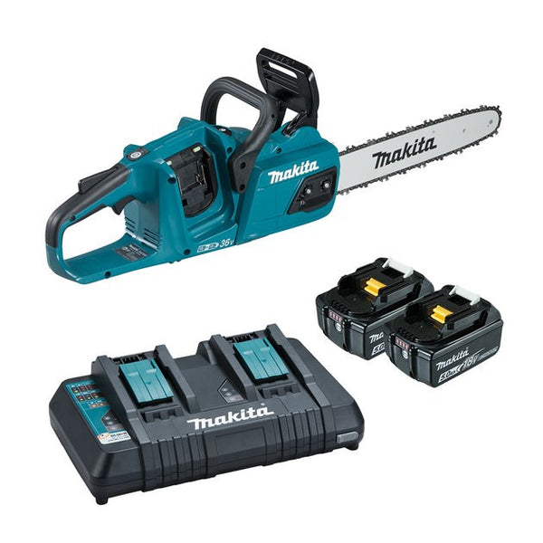 Makita 18Vx2 350mm BRUSHLESS Chainsaw with captive nuts Kit - Includes 2 x 5.0Ah Batteries & Dual Port Rapid Charger DUC355PT2