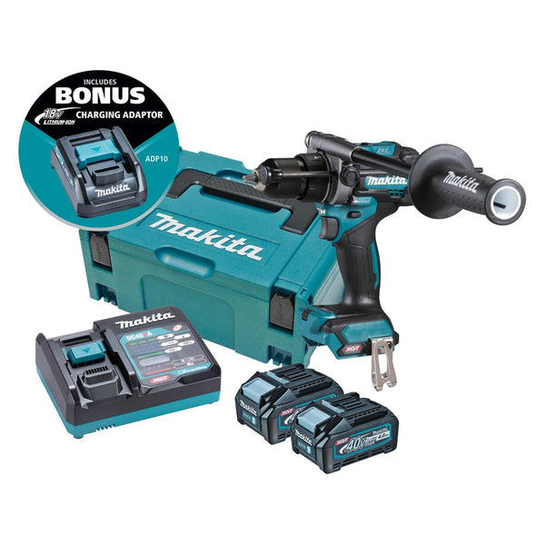 Makita "40V MAX BRUSHLESS Hammer Driver Drill - Includes 2 x 4.0Ah Batteries, Single Port Rapid Charger & Makpac Case Type 3 BONUS: 18V LXT Battery Charging Adaptor (ADP10)" HP001GM203