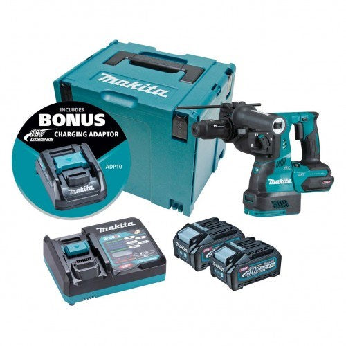 Makita "40V Max BRUSHLESS AWS* 28mm Rotary Hammer, Quick Change Chuck - Includes 2 x 4.0Ah Batteries, Single Port Rapid Charger & Makpac Case Type 4. *AWS Receiver sold separately (198901-5) BONUS: 18V LXT Battery Charging Adaptor (ADP10) " HR002GM205