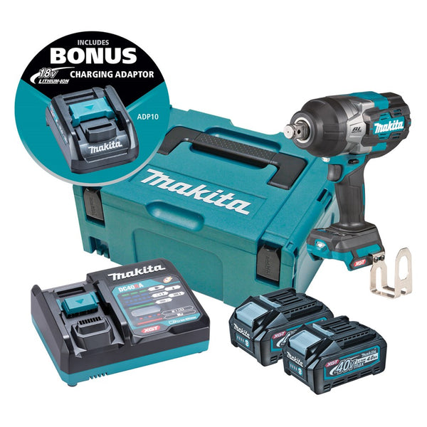 Makita 40V Max Brushless 3/4" Impact Wrench - Includes 2 x 4.0Ah Batteries, Single Port Rapid Charger & Makpac Case Type 2 BONUS: 18V LXT Battery Charging Adaptor (ADP10)