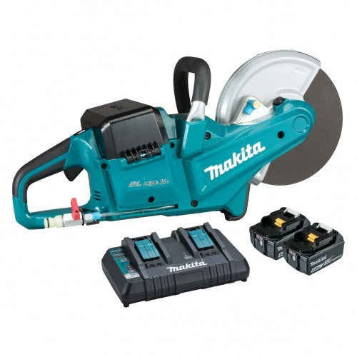 Makita 18Vx2 BRUSHLESS 230mm (9") Power Cutter Kit - Includes 2 x 5.0Ah Batteries, Dual Port Rapid Charger * Blade not included