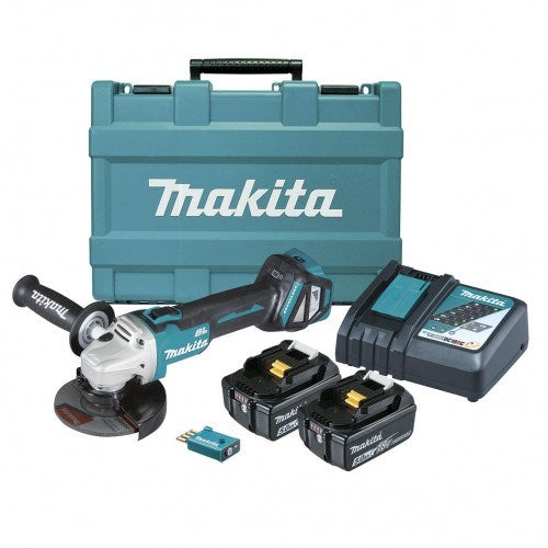Makita 18V BRUSHLESS AWS 125mm Variable Speed Slide Switch Angle Grinder Kit - Includes 2 x 5.0Ah Batteries, Rapi DGA512RTEU