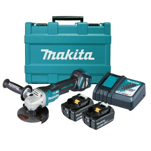 Makita 18V BRUSHLESS 125mm Variable Speed Paddle Switch Angle Grinder Kit - Includes 2 x 5.0Ah Batteries, Rapid Charger & Carry Case DGA517RTE