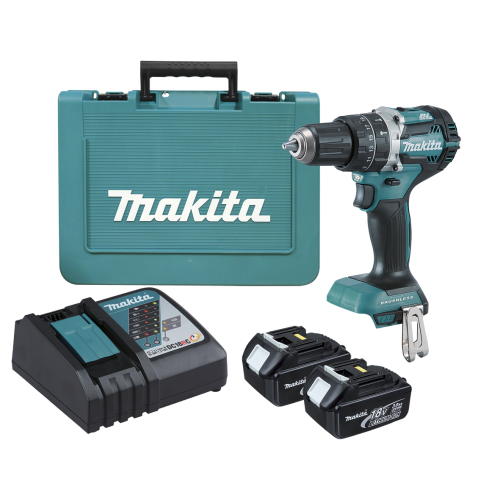 Makita 18V COMPACT BRUSHLESS Heavy Duty Hammer Driver Drill Kit - Includes 2 x 3.0Ah Batteries, Charger & Carry Case DHP484SFE