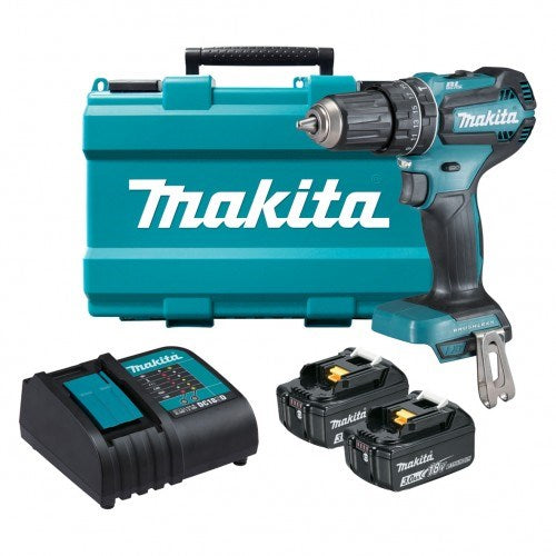 Makita 18V BRUSHLESS Hammer Driver Drill Kit - Includes 2x 3.0Ah Batteries, Charger & Carry Case DHP485SFE