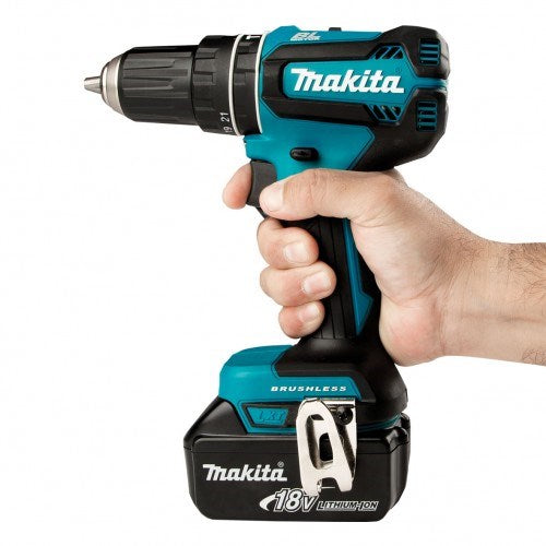 Makita 18V BRUSHLESS Hammer Driver Drill Kit - Includes 2x 3.0Ah Batteries, Charger & Carry Case DHP485SFE