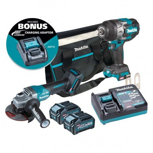 Makita "2 Piece BRUSHLESS Combo Kit - TW001GZ, GA013GZ, 2x BL4040, DC40RA & TOTE BAG (832319-7) BONUS: 18V LXT Battery Charging Adaptor (ADP10)" DK0139G201