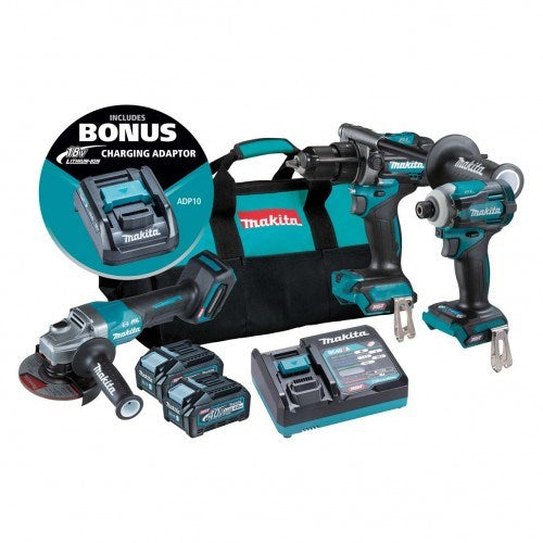 Makita 3 Piece BRUSHLESS Combo Kit - HP001GZ, TD001GZ, GA013GZ, 2x BL4040, DC40RA & TOTE BAG (199935-1) BONUS: 18V LXT Battery Charging Adaptor (ADP10)" DK0141G301