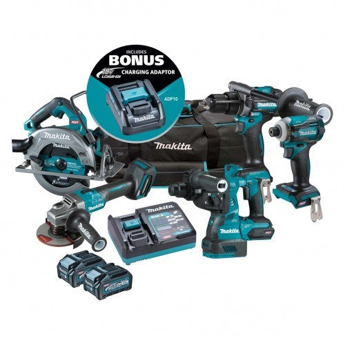 Makita "5 Piece BRUSHLESS Combo Kit - HP001GZ, TD001GZ, GA005GZ, HR001GZ, HS003GZ, 2x BL4040, DC40RA  & TOOL BAG (832367-6) BONUS: 18V LXT Battery Charging Adaptor (ADP10)" DK0144G501