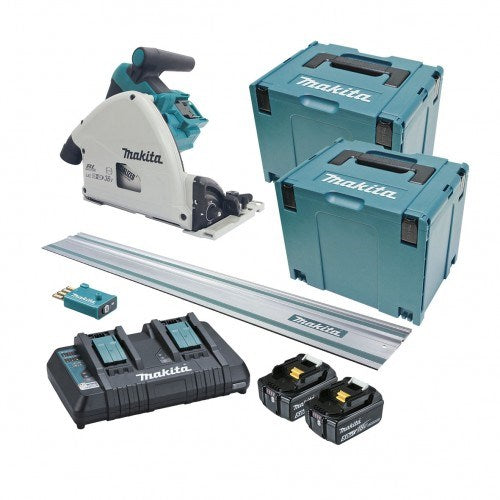 Makita 18Vx2 BRUSHLESS AWS 165mm Plunge Saw Kit - Includes 2 x 5.0Ah Batteries, Dual Port Rapid Charger,                                                                       1400mm track & 2 x MakPac Case DSP601PT2JUT