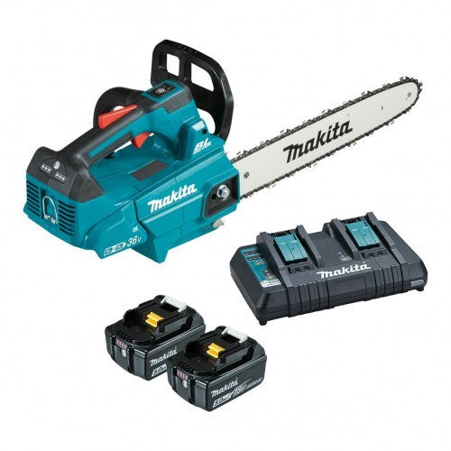 Makita 18Vx2 300mm BRUSHLESS Top Handle Chainsaw - Includes 2 x 5.0Ah Batteries & Dual Port Rapid Charger DUC306PT2