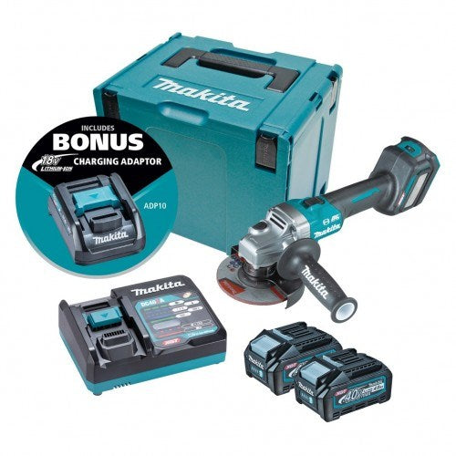 Makita "40V Max BRUSHLESS AWS* 125mm (5"") Angle Grinder, Slide Switch, Variable Speed - Includes 2 x 4.0Ah Batteries, Single Port Rapid Charger & Makpac Case Type 4 *AWS Receiver sold separately (198901-5)  BONUS: 18V LXT Battery Charging Adap GA023GM202