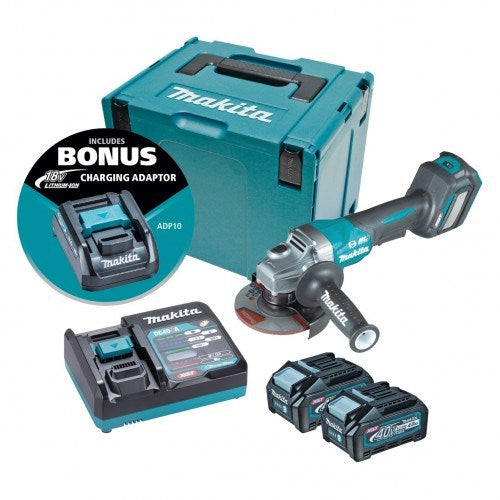 Makita "40V Max BRUSHLESS AWS* 125mm (5"") Angle Grinder, Paddle Switch, Variable Speed - Includes 2 x 4.0Ah Batteries, Single Port Rapid Charger & Makpac Case Type 4 *AWS Receiver sold separately (198901-5)  BONUS: 18V LXT Battery Charging Ada GA029GM202