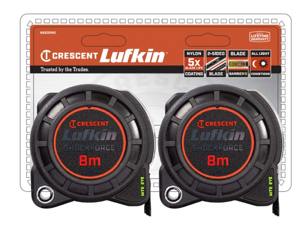 CRESCENT LUFKIN 2 PACK 8M NITE EYE TAPE MEASURE NE830M2 - Toolup Australia
