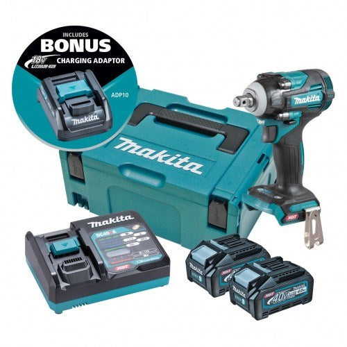 Makita "40V Max BRUSHLESS 1/2"" Impact Wrench - Includes 2 x 4.0Ah Batteries, Single Port Rapid Charger & Makpac Case Type 2 BONUS: 18V LXT Battery Charging Adaptor (ADP10)" TW004GM203
