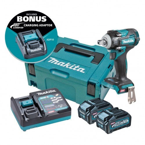 Makita "40V Max BRUSHLESS 1/2"" Pin Detent Impact Wrench - Includes 2 x 4.0Ah Batteries, Single Port Rapid Charger  & Makpac Case Type 2 BONUS: 18V LXT Battery Charging Adaptor (ADP10)" TW005GM203