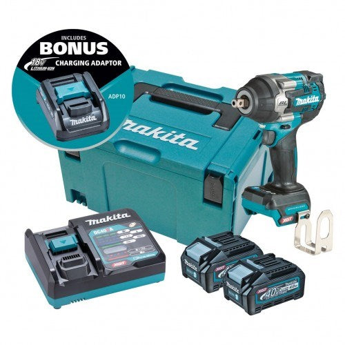 Makita "40V Max BRUSHLESS 1/2""  Mid-Torque Pin Detent Impact Wrench - Includes 2 x 4.0Ah Batteries, Single Port Rapid Charger  & Makpac Case Type 2 BONUS: 18V LXT Battery Charging Adaptor (ADP10)" TW008GM203